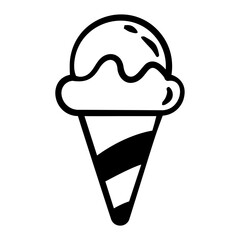 Black and white drawing of an ice cream cone. The cone is filled with ice cream