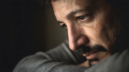 Obraz premium Thoughtful man looking downward with a focused expression, captured in a soft ambient light setting. Upper body portrait emphasizing emotion, introspection, and quiet contemplation in a neutral