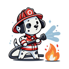 Cartoon Dalmatian Firefighter Extinguishing Flames With Hose and Red Helmet on White Background