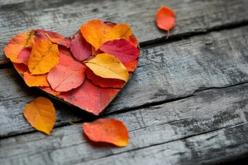 Autumn leaves arranged in a heart shape on a rustic wooden surface.