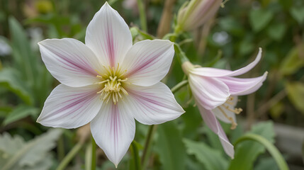 Flower white-pink hybrid aquilegia growing in the garden.