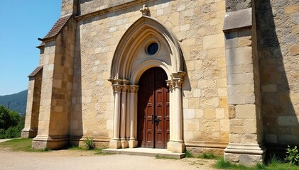 Fototapeta premium Ancient stone church exterior, weathered facade, catholic, sanctuary, old