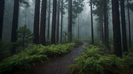 Obraz premium Misty Forest Path in a Dense Woodland