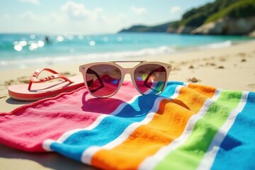 Vibrant beach towel, sunglasses, flip-flops on sand, sunglasses, accessory