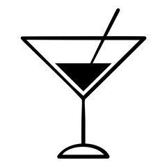 Simple black and white drawing of a martini glass with a straw in it