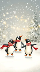 Fototapeta premium Two cartoon penguins dancing in the snow in a winter wonderland.