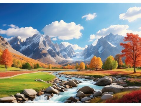 Vibrant Pixel Art Mountain Scene with River, Forest, and Sunny Meadows