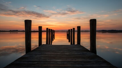 Obraz premium A tranquil sunset view over a dock with wooden pillars leading to the horizon, creating a serene and picturesque coastal landscape perfect for relaxation.