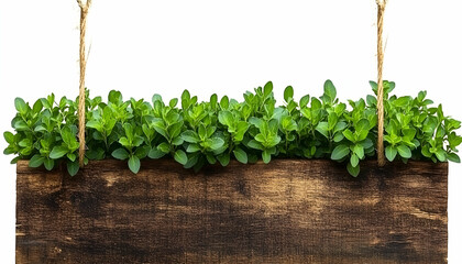 Rustic wooden hanging planter overflowing with lush green foliage, perfect for home decor or gardening blogs.