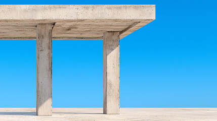 An abstract geometric view of concrete columns supporting a slab against a clear blue sky day.