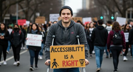 Young white man with crutches holds 'Accessibility is a Right' sign at a protest march in a city street