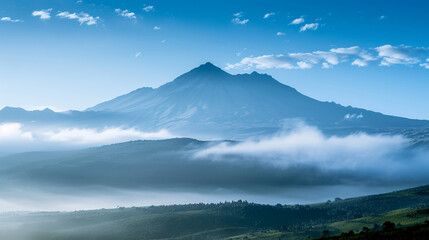A majestic mountain towers high in the distance, its peak faintly visible beneath a thin veil of drifting clouds.
