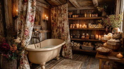 A cozy cottagecore bathroom with vintage bathtub floral curtains warm candlelight and rustic wooden shelves filled with natural soaps and towels