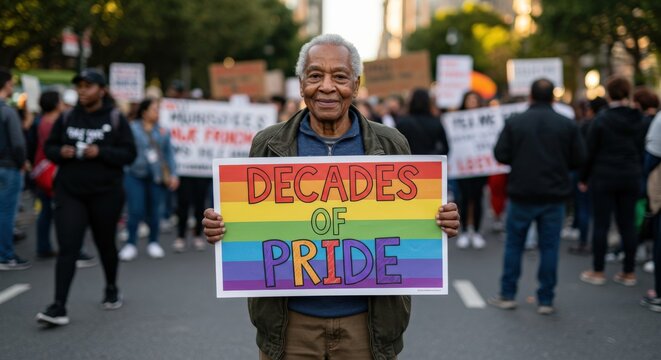 Older Black man smiling and holding a "Decades of Pride" rainbow sign during a protest or parade on a city street