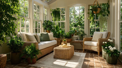 Fototapeta premium A cozy cottagecore living room with wicker furniture and lush green plants filling sunlit space creating warm and inviting atmosphere