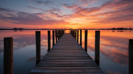 Fototapeta premium A tranquil sunset view over a dock with wooden pillars leading to the horizon, creating a serene and picturesque coastal landscape perfect for relaxation.