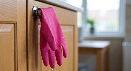Close-up view of a wet pink rubber cleaning glove hanging on a wooden kitchen cabinet handle with water droplets dripping