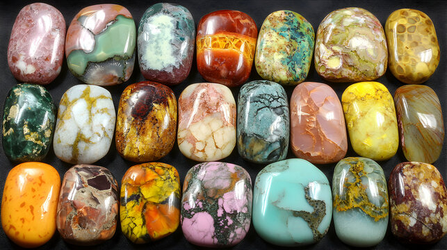 Collection of vibrant, polished tumbled stones; diverse colors and patterns; natural gemstone textures; ideal for craft, jewelry, or spiritual use.