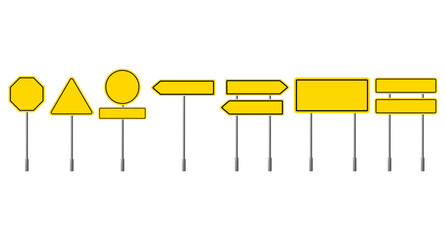 Realistic Yellow set of blank traffic sign boards directions. Yellow road traffic signs of different shapes. Set blank street signboards. 