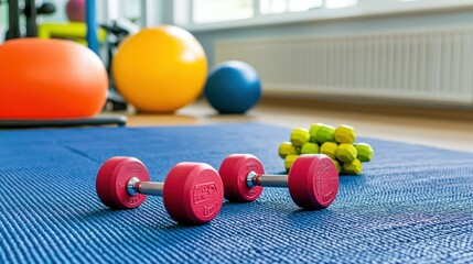 A close-up of dumbbells and fitness equipment on a gym floor
