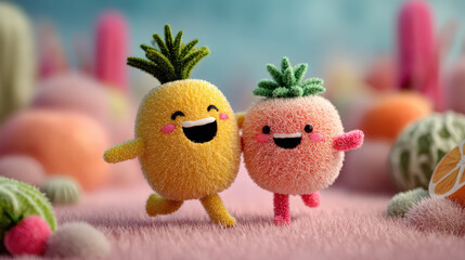 A two kawaii fuzzy fruit characters happily running together with bright smiles in colorful soft environment full of playful joy