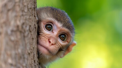 Baby Monkey Peeking Around Tree Trunk Cute Wildlife Portrait