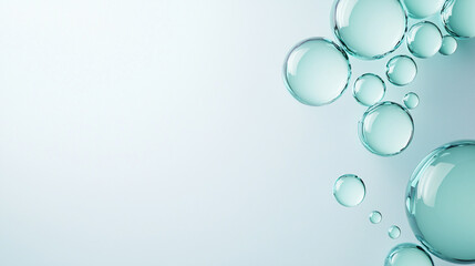 Translucent spheres of water or liquid float gently against a soft, light blue gradient background.