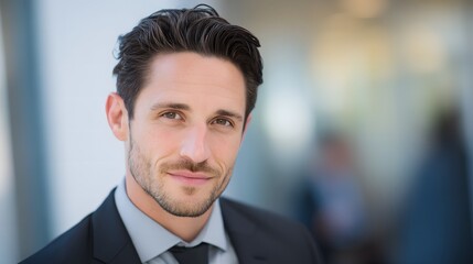 Fototapeta premium Confident business professional with focused expression in formal attire, head and shoulders portrait using soft left studio lighting, set against blurred corporate office background for leadership