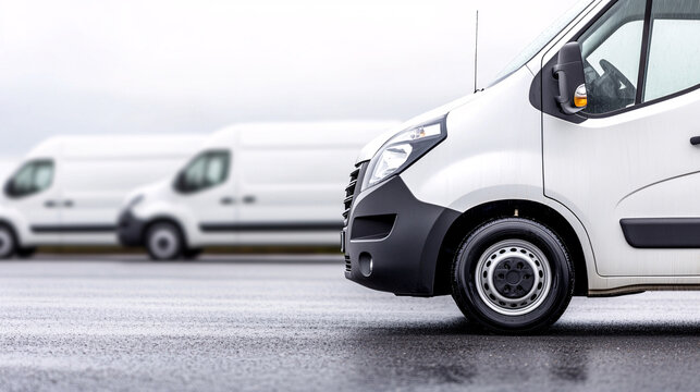Three white delivery are parked on an asphalt surface under an overcast, cloudy sky today.