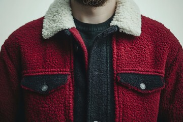Close-up of man's red sherpa jacket over a black shirt