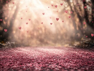 Romantic forest path with falling hearts, a magical valentine's landscape