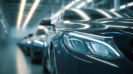 Sleek row of polished modern cars aligned under soft overhead lighting, captured with shallow depth of field, emphasizing elegant lines and surfaces in a professional automotive showroom setting