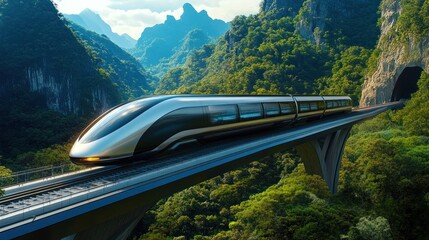 High-Speed Train Journey Through Lush Mountains