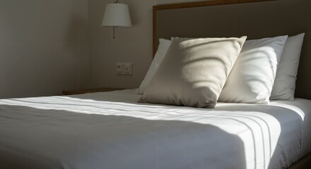 Close-up view of a comfortable bed with multiple pillows bathed in warm morning sunlight casting striped shadows across the white sheets in a peaceful bedroom.