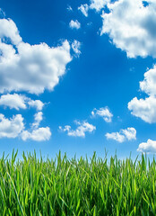 Obraz premium Green grass fills the bottom of the frame, contrasting with a vibrant blue sky filled with fluffy white clouds.