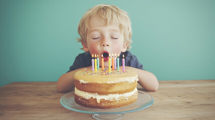 Adorable toddler boy blows out candles on a delicious two-layered birthday cake, celebrating a special occasion.