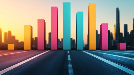 Colorful bar graph rising above road leading into the city skyline at bright sunset horizon.
