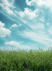 Obraz premium Green grass fills the bottom of the frame, contrasting with a vibrant blue sky filled with fluffy white clouds.