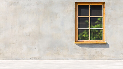 Wooden framed window casts a gentle shadow on a textured concrete wall in warm sunny daylight.