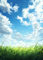 Green grass fills the bottom of the frame, contrasting with a vibrant blue sky filled with fluffy white clouds.