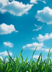 Fototapeta premium Green grass fills the bottom of the frame, contrasting with a vibrant blue sky filled with fluffy white clouds.