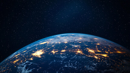 Obraz premium The illuminated cityscape on Earth shines brightly against the deep darkness of space above us.