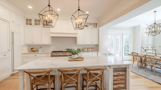 White Kitchen Interior With Island Seating Wine Cooler Light Wood Floor Adjacent Dining Area Chandelier Modern Design