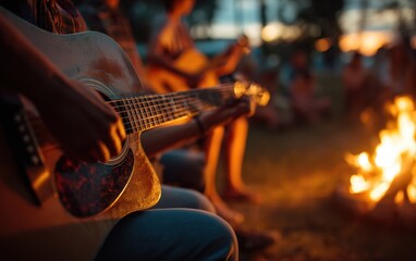 Fototapeta premium Guitar player around a campfire with people