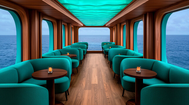 Elegant lounge with ocean view provides luxurious seating and unique lighting on a cruise ship.