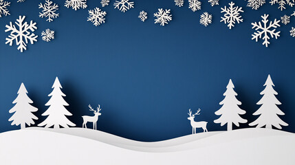 Festive winter scene shows reindeer under snowflakes and evergreen trees on hills of snow.