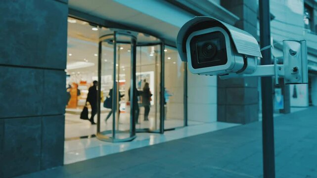 White outdoor security surveillance camera mounted near shopping center, mall, retail store with revolving glass doors, monitoring pedestrian activity and customer safety in a modern commercial area.