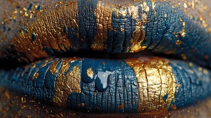 Gold  Blue Lips Abstract Beauty Macro Shot.