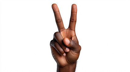 Dark-skinned human hand showing peace sign or victory gesture isolated against white background.
