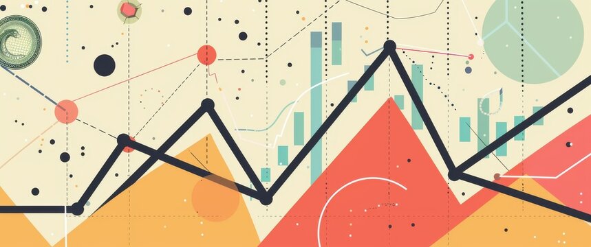 Geometric dollar graph, clean vector art, simple shapes, and basic text elements create a minimal financial illustration.